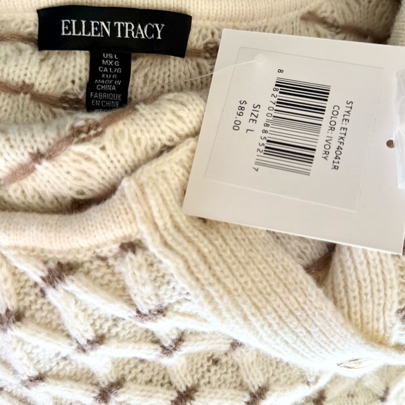 New ELLEN TRACY Ivory Brown Chunky Crop Knit Cardigan Sweater Women's Size Large - Picture 6 of 6